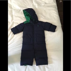 Polo navy blue, green lined snow suit. Size 12M